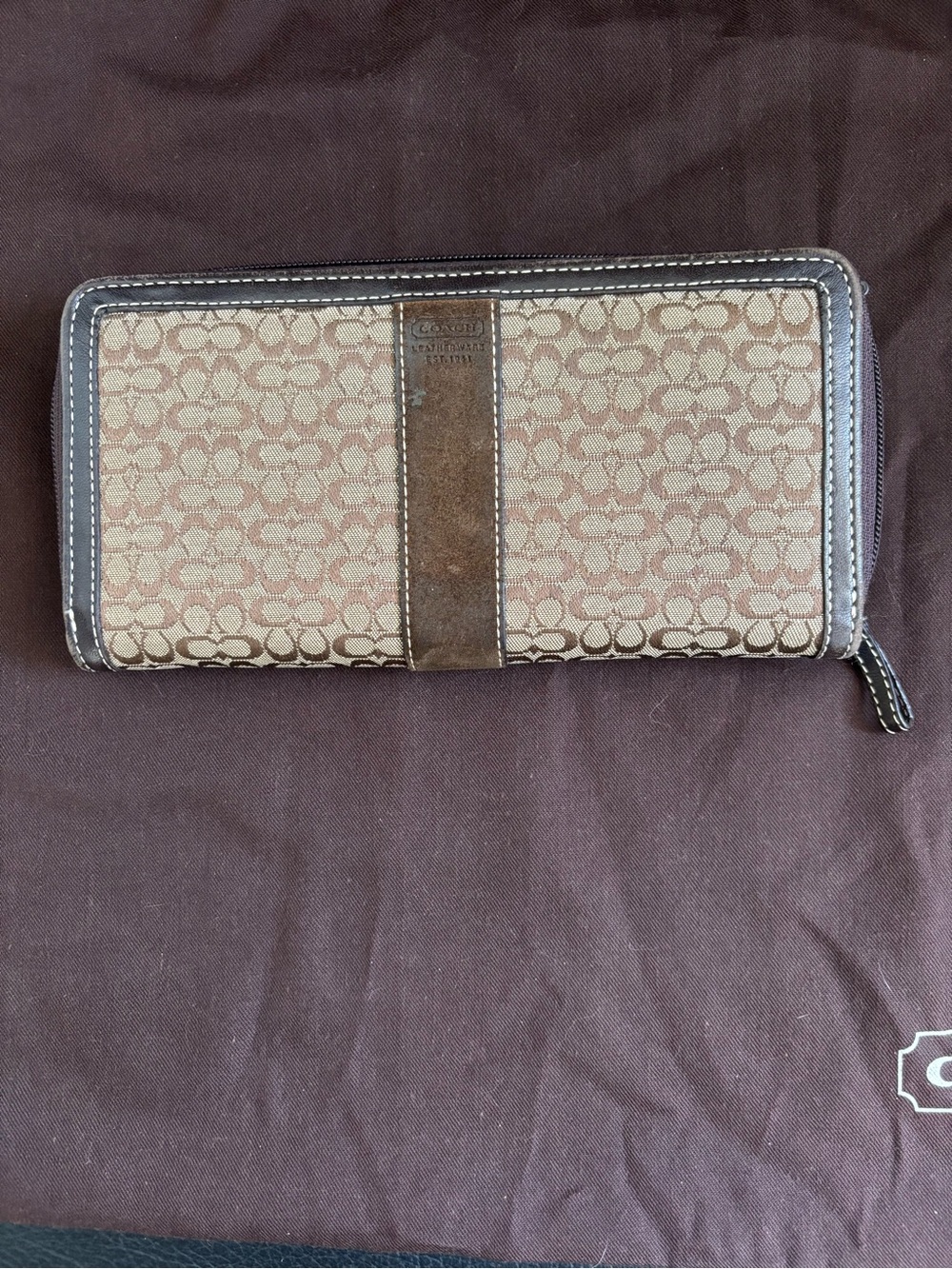 Coach Brown Signature Canvas Zip Wallet with Leather Trim